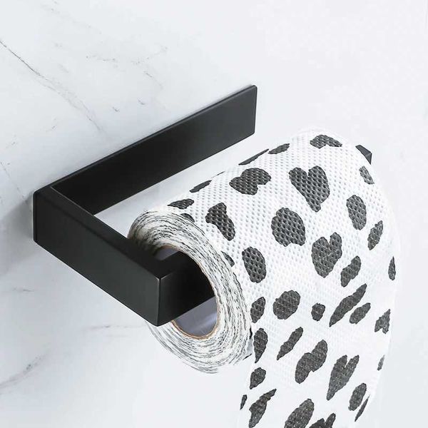 Self-adhesive black matte stainless steel square toilet paper holder for bathroom storage, no drilling required