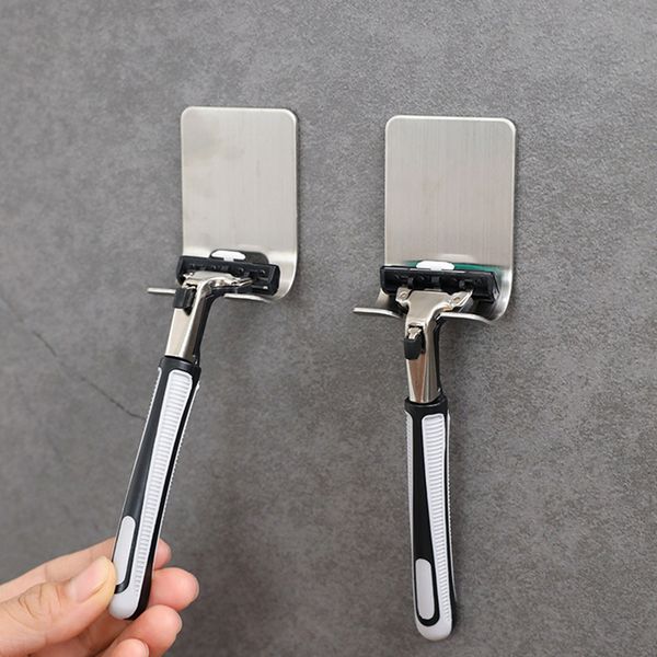 Self-adhesive stainless steel razor holder for men, shower shaver hook stand organizer in bathroom