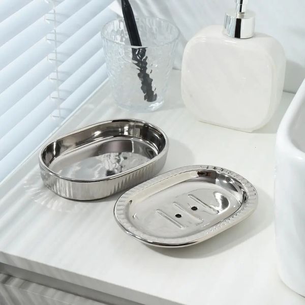 Self-draining ceramic soap rack with detachable drain hole, double-layered soap dish in silvery light for bathroom or kitchen use