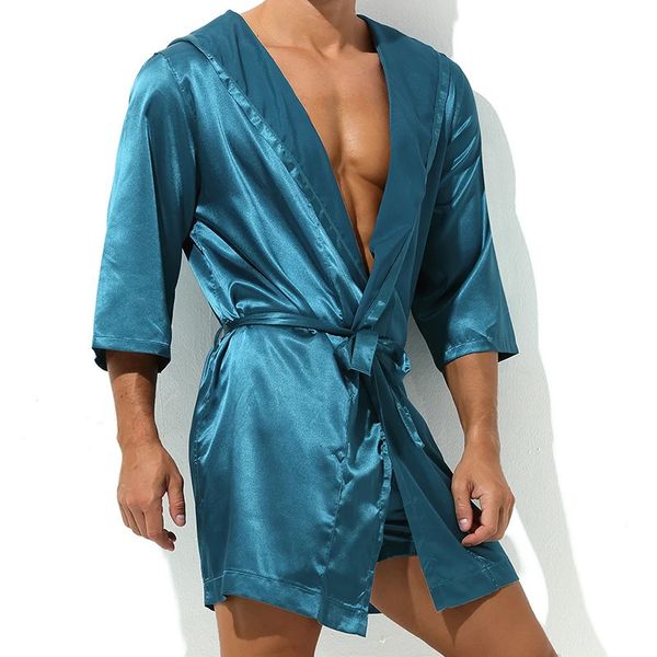 Selling Men Summer Bathrobe Male Silk Short Sleeve Bath Robe Sexy Mens Dressing Gown BathrobesNo shorts 241112