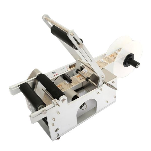 Semi-automatic round bottle labeling machine for e-liquid plastic containers with printed paper sticker application