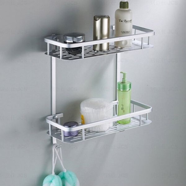 Shiny aluminum bathroom shelf for hanging shampoo and shower gel storage in kitchen or bath