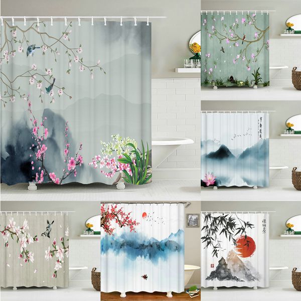 Shower curtain featuring 3D Chinese landscape design with Japanese-style floral and bird prints, made of waterproof polyester for bathroom decoration