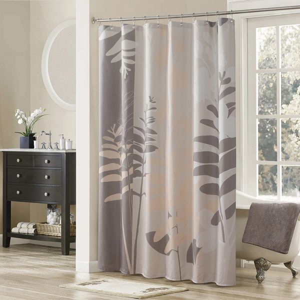 Shower curtain featuring a grey floral taupe design with waterproof polyester fabric and decorative leaf prints