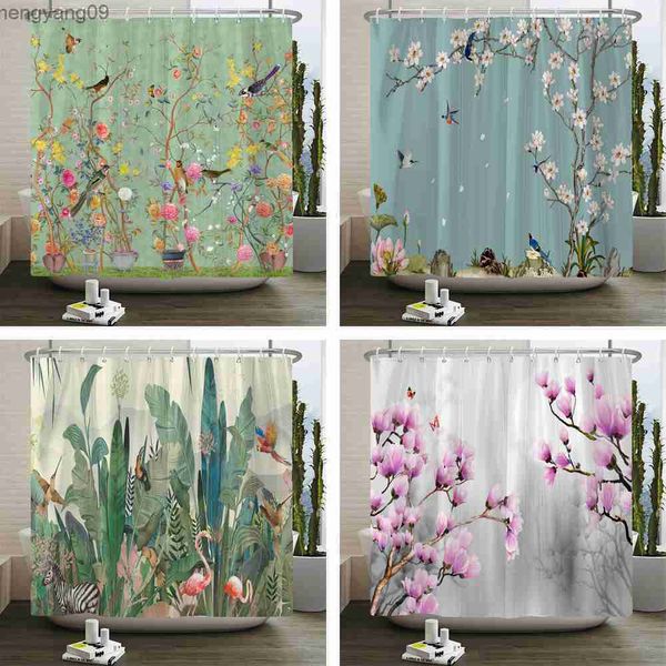 Shower curtain featuring a modern minimalist floral and bird print in polyester fabric, perfect for home bathroom decor