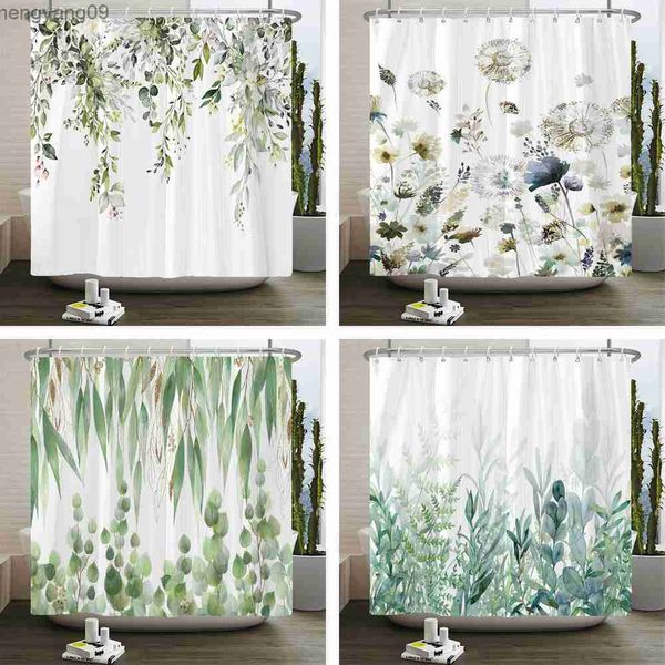 Shower curtain featuring green plant leaf flowers, modern Nordic minimalist design, printed polyester for stylish bathroom decor