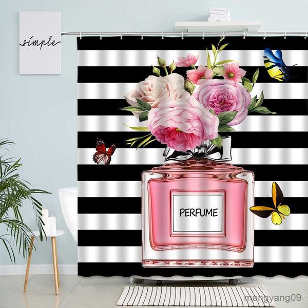 Shower curtain featuring Paris cityscape with pink roses and Eiffel Tower, spring-themed waterproof bathroom decor