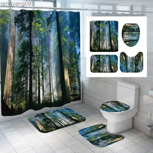 Shower curtain set featuring a tree, ice, snow, and ash forest print with matching waterproof bath mat for bathroom decor