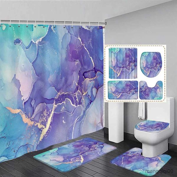 Shower curtain set featuring green marble watercolor design with matching bath mats for modern bathrooms