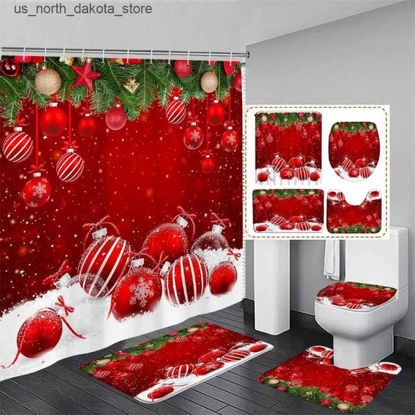 Shower curtain set featuring red truck design, matching carpet, and festive Christmas bathroom decor J241205