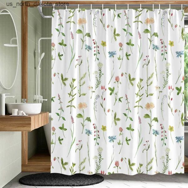 Shower curtain set with botanical leaf and flower design, fabric drum tower pattern for bathroom decor, splash-resistant wall hanging