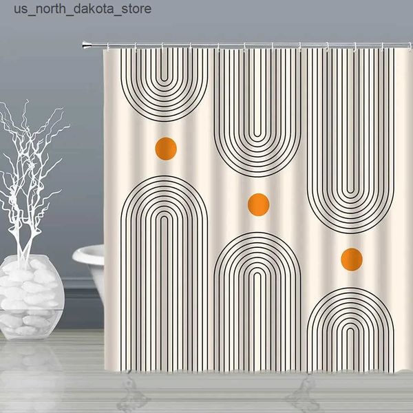 Shower curtains featuring abstract mid-century designs with arches, sun, moon, minimalist geometric curves, and striped fabric patterns, inspired by Christmas landscapes