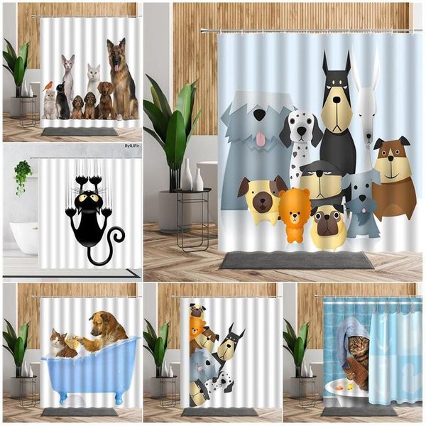Shower curtains featuring cute cartoon animals like cats and dogs, with a 3D anime print, waterproof fabric for kids' bathroom decor