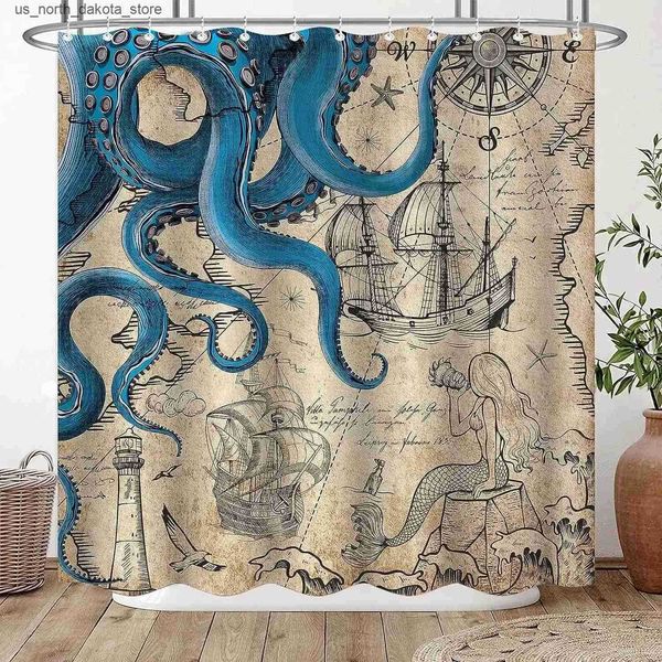 Shower curtains featuring octopus designs, marine life, mermaids, sailboats, and vintage nautical maps for stylish bathroom decor with hooks
