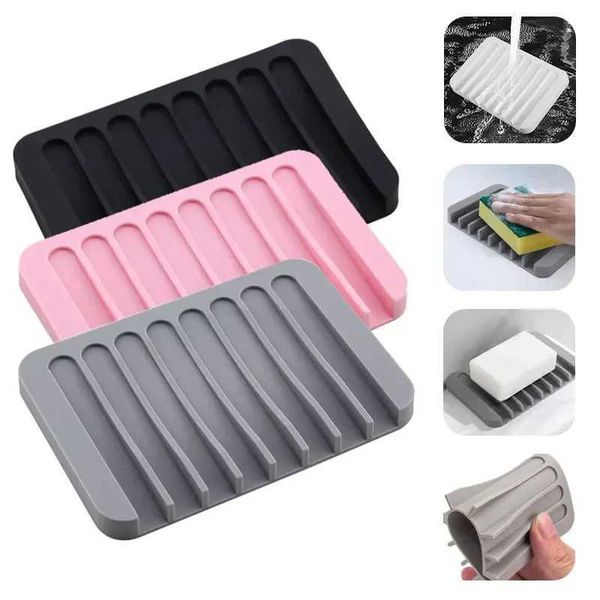 Silicone soap dish with drain rack for bathroom or kitchen countertop, featuring a sponge drying tray S2411152