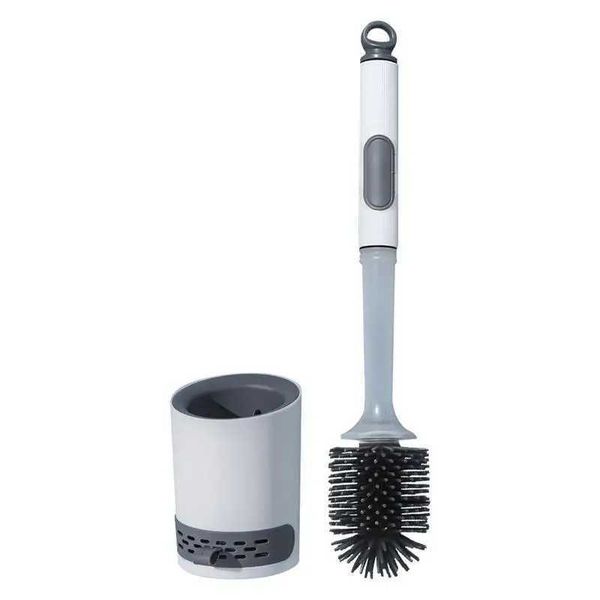 Silicone toilet brush with gel dispenser, wall-mounted and non-slip, featuring a long handle for bathroom cleaning