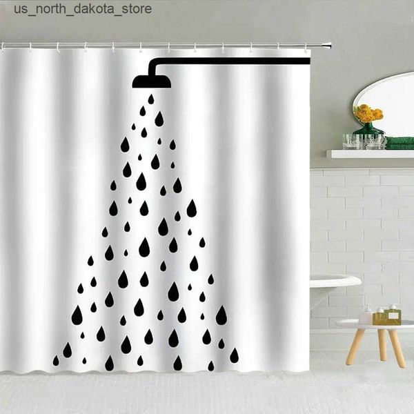 Simple black and white raindrop shower curtain featuring geometric droplet patterns, made of polyester fabric for bathroom use
