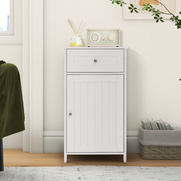 Single-door bathroom cabinet featuring an adjustable shelf and drawer