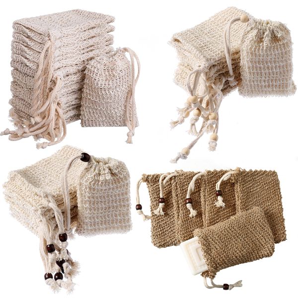Sisal soap pouch with drawstring and wooden bead for exfoliating and foaming in bath or shower