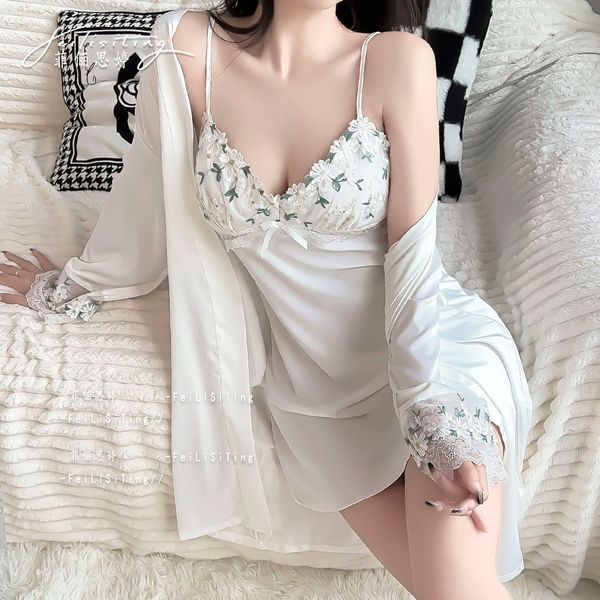 Sleepwear summer new sexy thin suspender nightgown ice silk chest pad home wear lace nightgown set pure desire style Y200429

Rewritten:
New sexy summer sleepwear with thin suspenders, ice silk che...