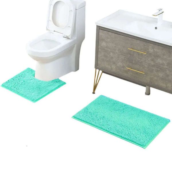 Slip-resistant chenille bathroom set with U-shaped contour design, featuring 2 washable anti-slip mats for floors and toilet areas