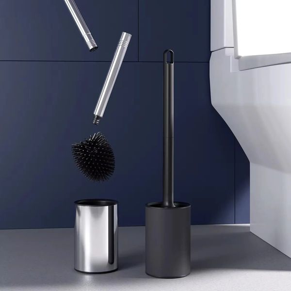 Smart stainless steel black toilet brush holder with extended handle and soft TPR silicone cleaning head