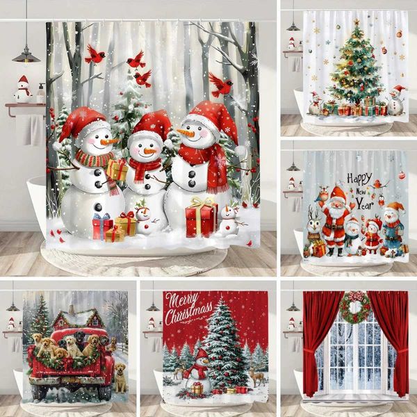 Snowman-themed Christmas shower curtain featuring a festive tree, gifts, red birds, and winter snow design, perfect for holiday bathroom decor with included hooks