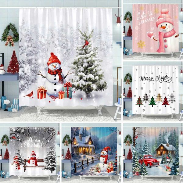 Snowman-themed Christmas tree shower curtain, a festive polyester bathroom decoration with included hooks