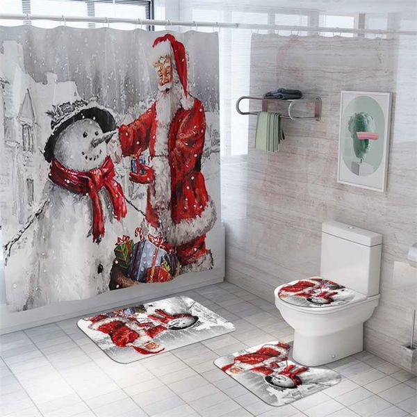 Snowman-themed Santa Claus shower curtain set with non-slip bathroom mat, rug, waterproof toilet cover, and bath mat for festive Christmas decoration  

(Note: Original string contained more than 5...
