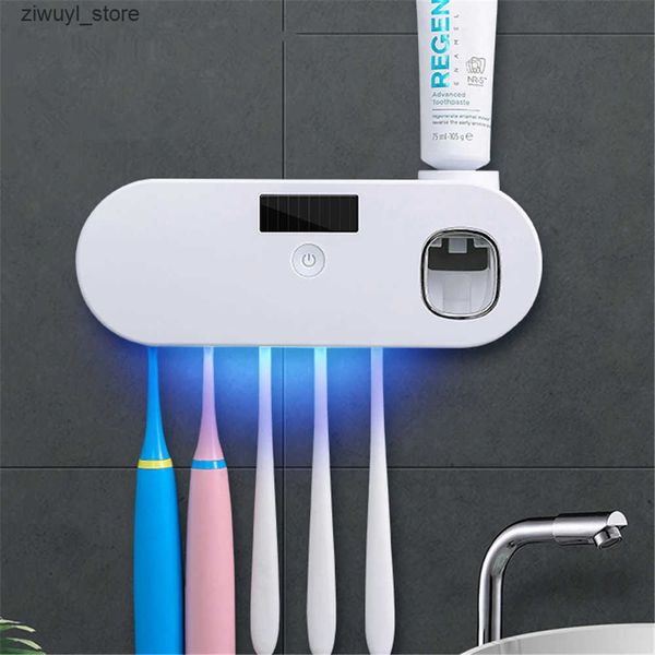 Solar-powered UV toothbrush holder with dental pad dispenser, a multifunctional bathroom storage solution featuring USB charging