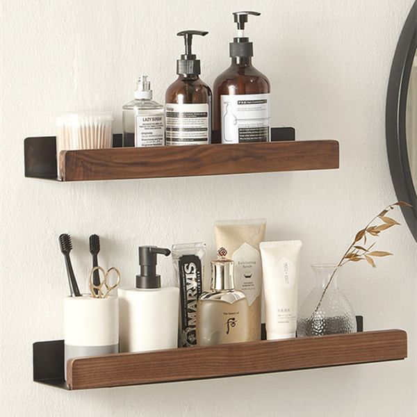 Solid wood wall-mounted bathroom shelf for shower, shampoo, soap, and cosmetics storage in kitchen or bath