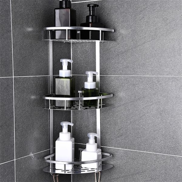 Space-saving aluminum bathroom shelf with adhesive suction, no-drill shower caddy for kitchen storage and corner organization
