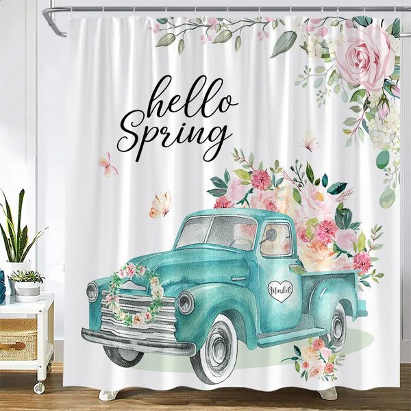 Spring Floral Shower Curtain featuring pink watercolor flowers, farm truck, and butterflies, made of polyester fabric for bathroom decoration 250108
