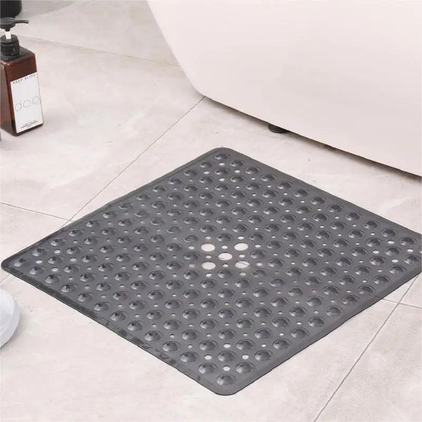 Square non-slip bath mat with suction cups, drain holes, and machine washable feature