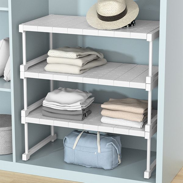 Stackable bathroom shelves for closet, wardrobe, and kitchen organization with telescopic design