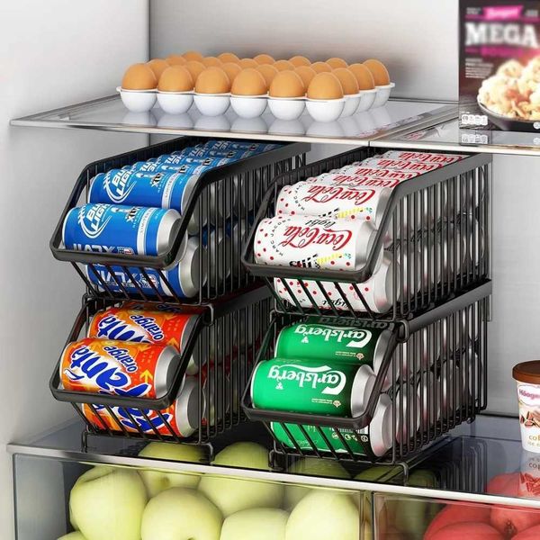 Stackable soda can organizer for fridge, dispenser and food storage in kitchen or on countertops, black model Y250117