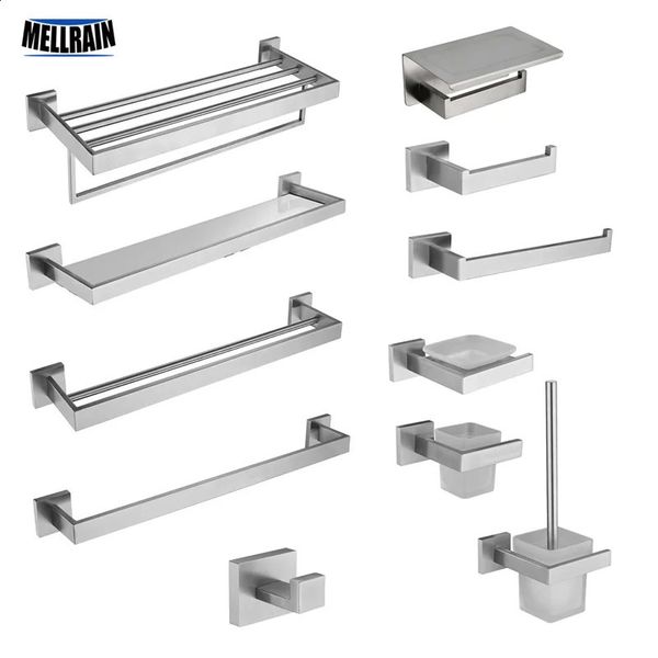 Stainless steel bathroom accessories with nickel brushed finish including towel racks, toilet paper holders, rods, and hooks