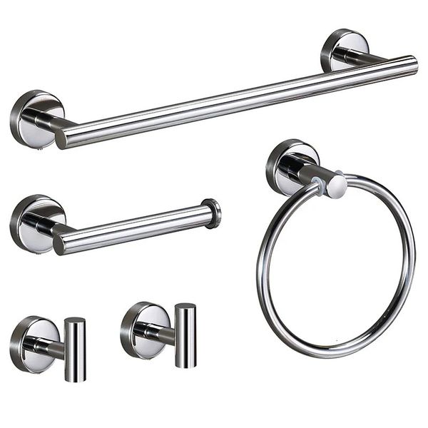 Stainless steel bathroom hardware set including towel rack, toilet paper holder, hooks and shelf organizer