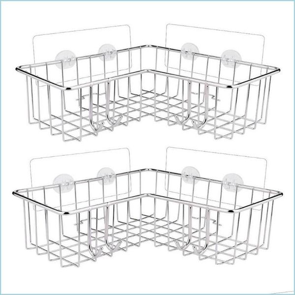 Stainless steel bathroom shelf organizer with hooks for shower and kitchen wall storage