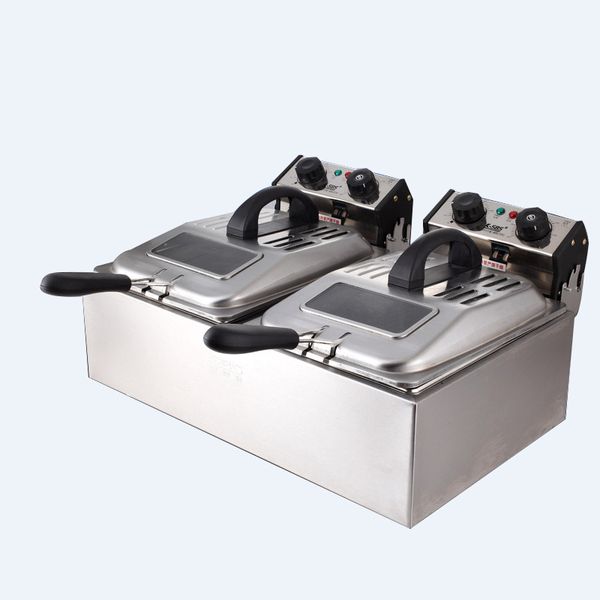 Stainless steel electric dual deep fryer for commercial and home kitchens, featuring a basket for frying chips, chicken, fish, and more