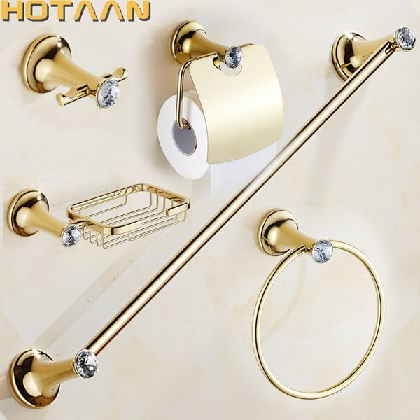 Stainless steel gold-plated bathroom hardware set including towel rack, toilet holder, towel bar, and hooks for complete bathroom accessory setup