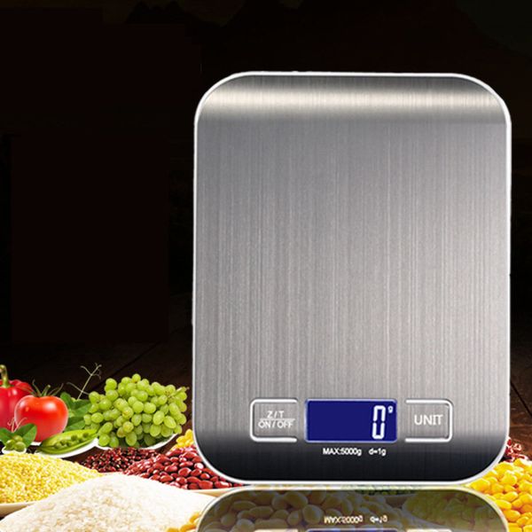Stainless steel kitchen scales with 5kg and 10kg capacity, precise 1g measurement for baking and household use in various styles