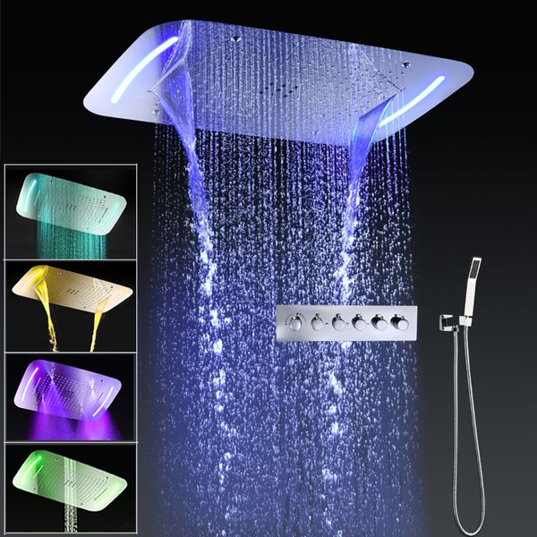 Stainless steel LED shower panel with thermostatic waterfall and mist functions