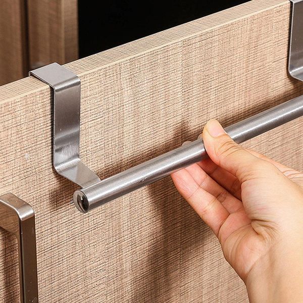 Stainless steel over-door towel rack for bathroom or kitchen use