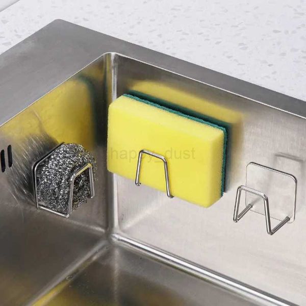 Stainless steel wall-mounted organizer for sponges and rags with adhesive hooks