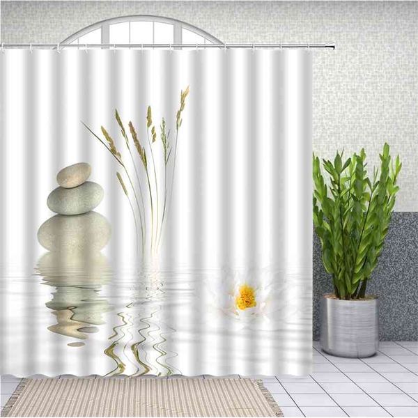 Stones and White Lotus Waterproof Shower Curtain for Zen Spa Bathroom Decor
