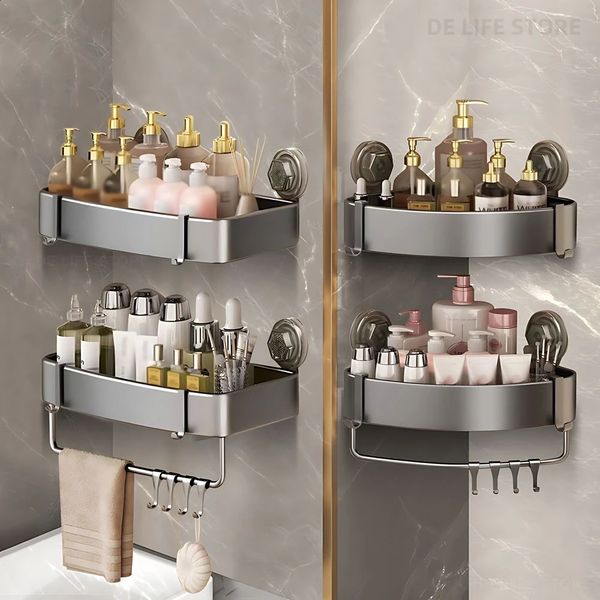 Suction cup-mounted aluminum bathroom rack for shower corner, no-drill wall organizer for shampoo storage