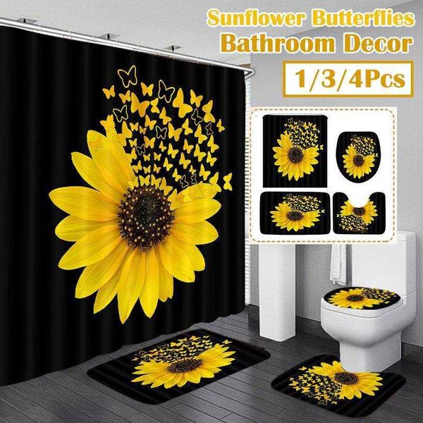 Sunflower-themed shower curtain set with matching toilet cover, rug, non-slip kitchen and bath mats, wooden board, and bathroom decor