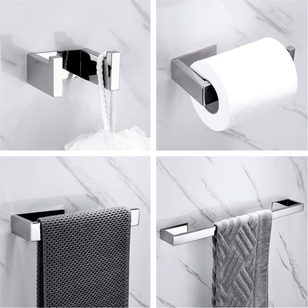 SUS304 stainless steel bathroom adhesive accessories set in chrome silver, including towel bar, hook, wall ring, and paper holder