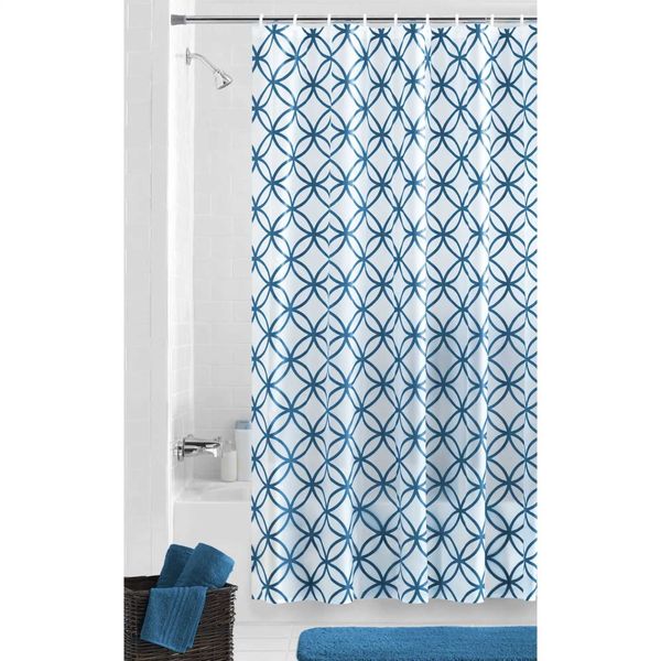 Teal and blue PEVA shower curtain with geometric design, waterproof, durable, buttonhole top, odor-free, model Y240815